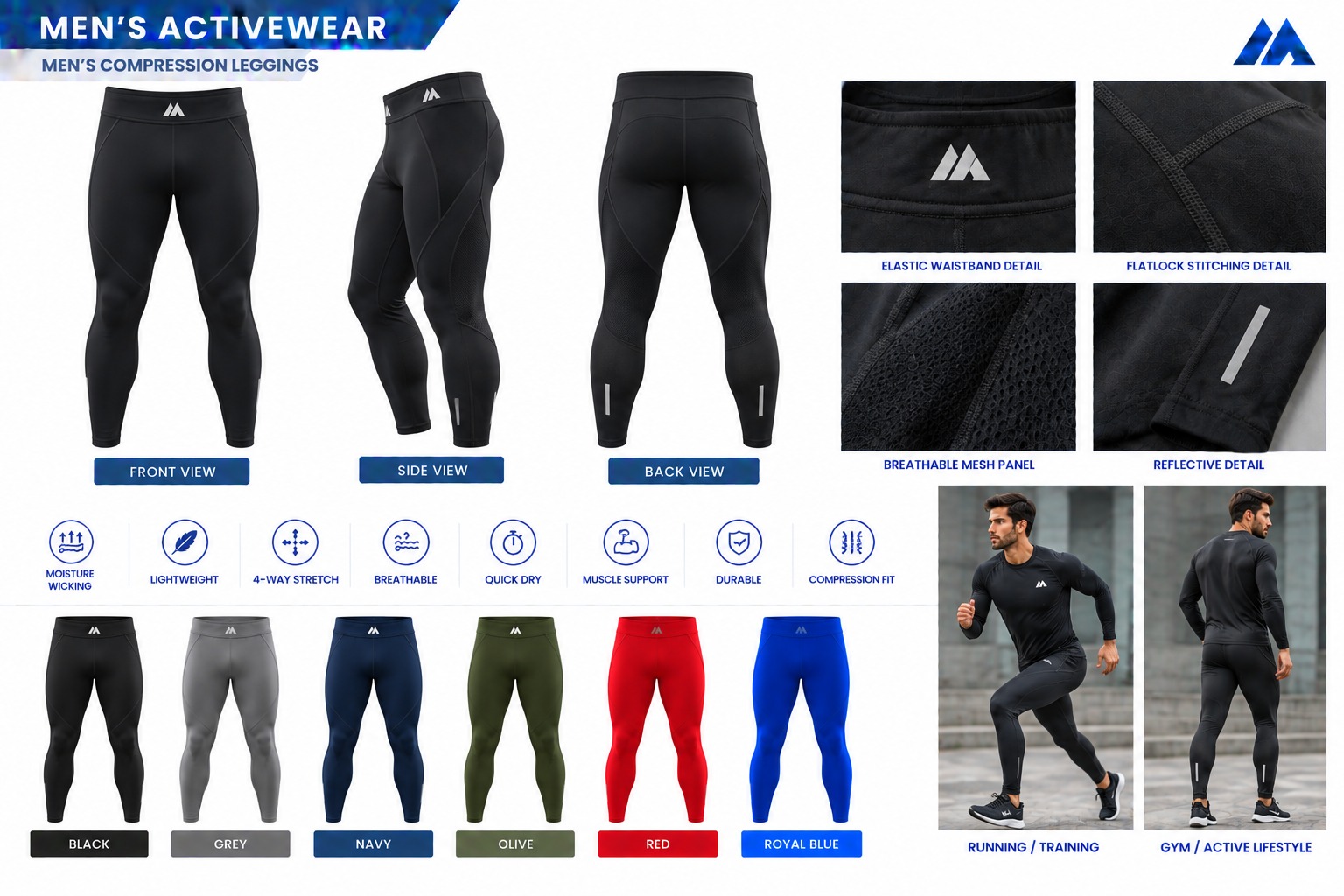 MAIS Apparel men's compression leggings product sheet: front, side and back views, detail close-ups, features and six colors