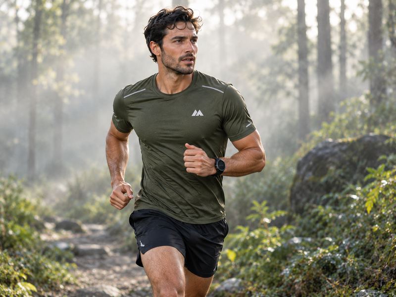 Trail runner in an olive MAIS Apparel running t-shirt with reflective trim and black shorts running through a misty forest