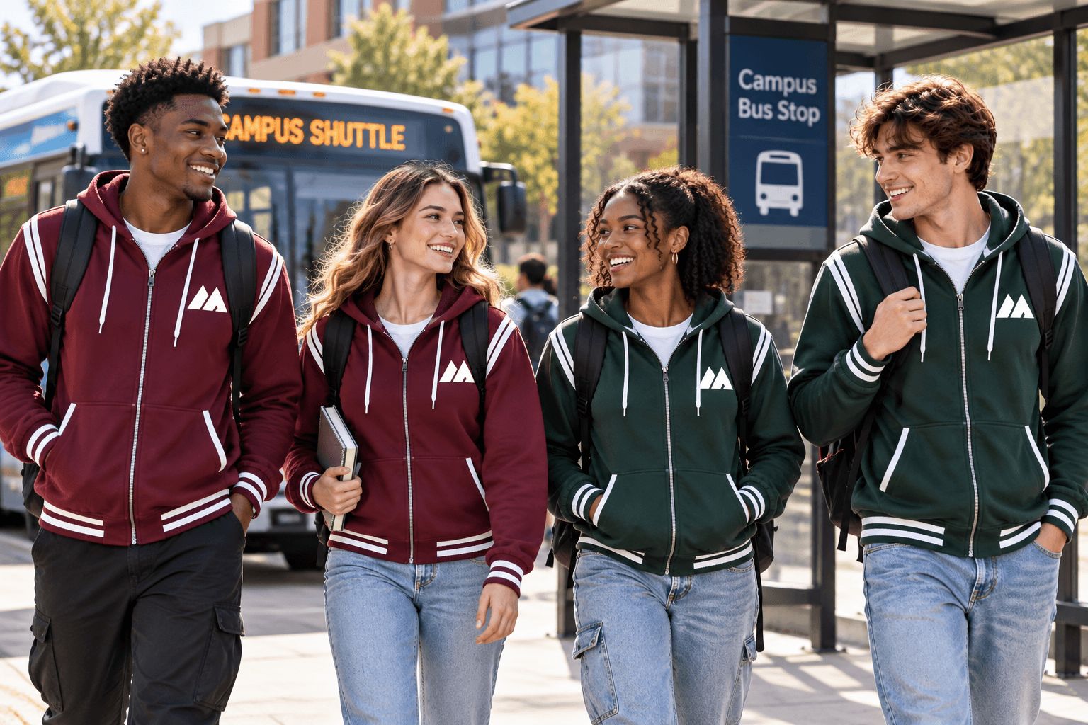 Four students in burgundy and green MAIS Apparel varsity zip jackets walking past a campus shuttle bus and bus stop