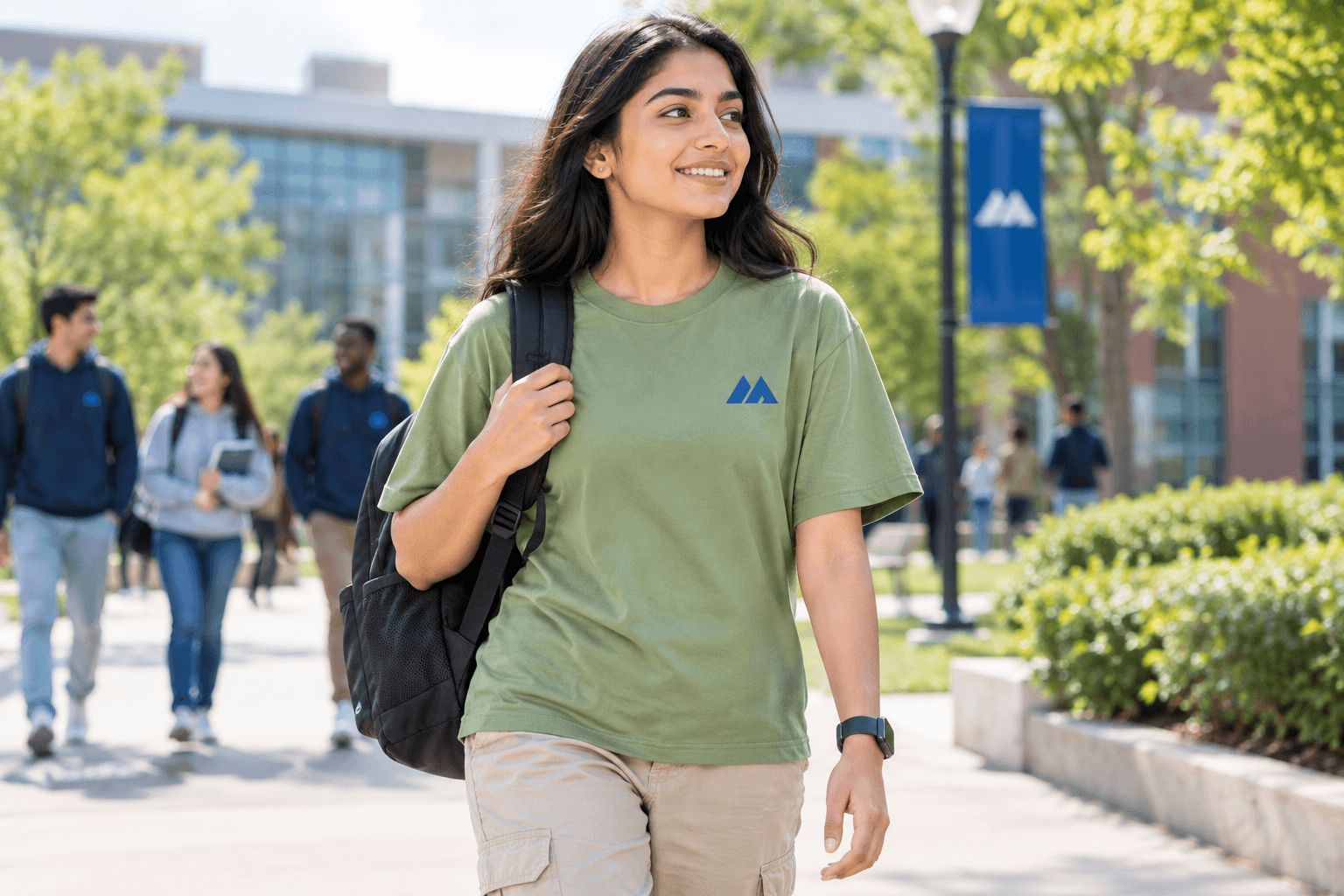 Student in an olive green MAIS Apparel t-shirt and cargo trousers walking across campus with a backpack