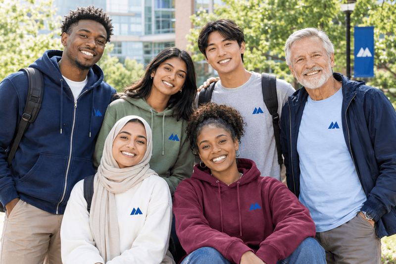 Six friends in MAIS Apparel hoodies, jackets and t-shirts in navy, green, grey, white, burgundy and light blue posing together on campus