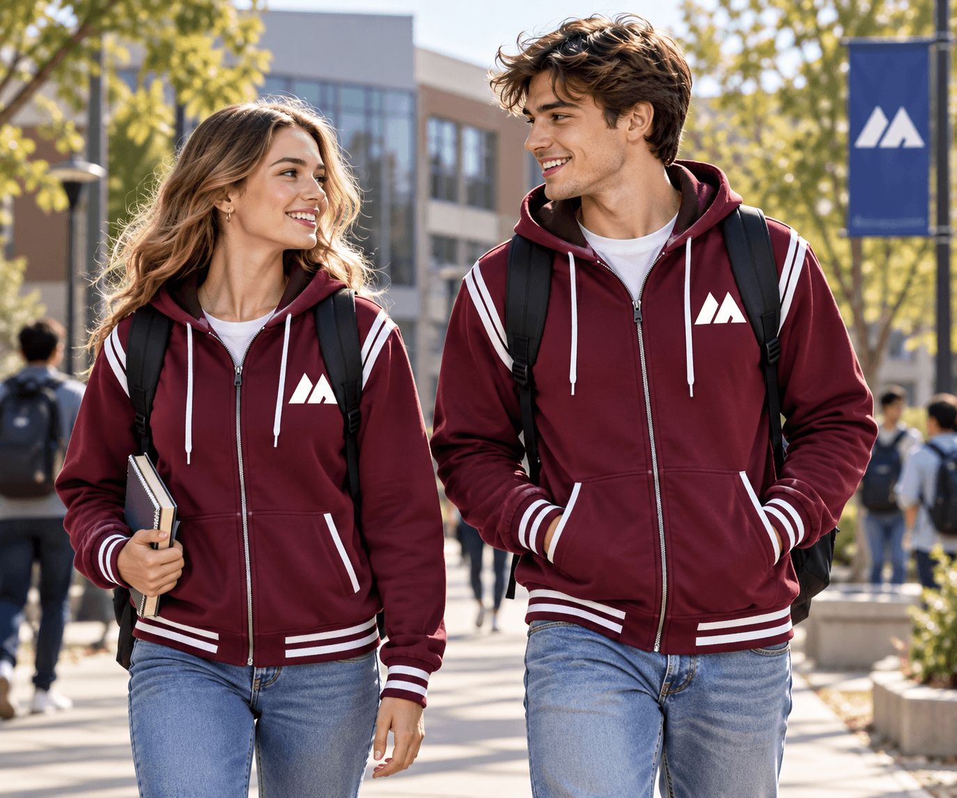 Two students in burgundy MAIS Apparel varsity zip jackets with white stripes walking and smiling on campus