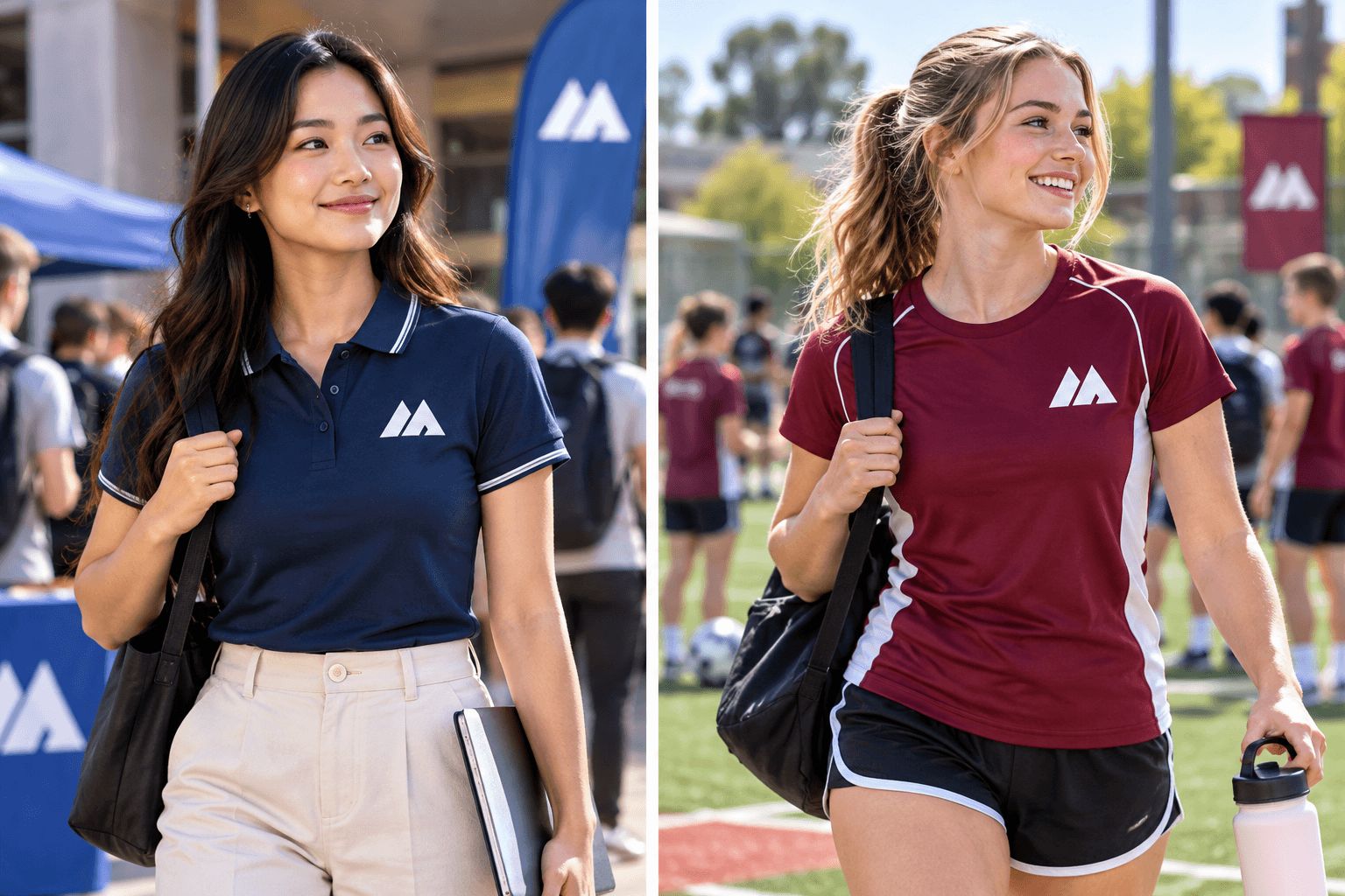 Two-panel photo of a student in a navy MAIS Apparel polo shirt and an athlete in a burgundy MAIS Apparel performance tee