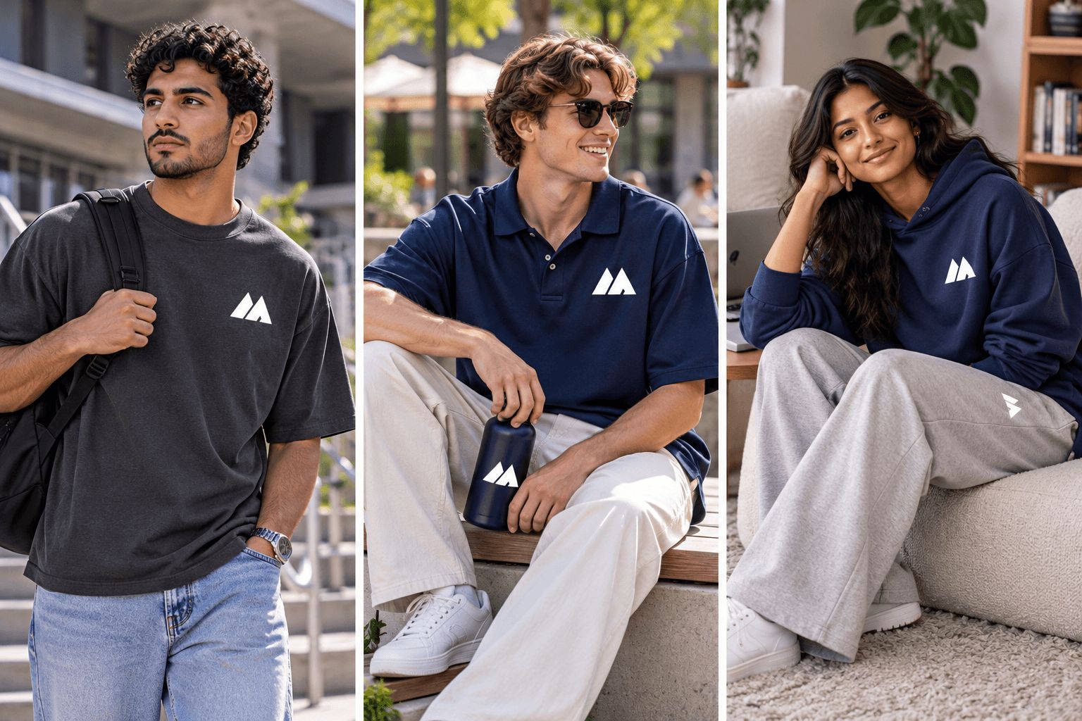 Three-panel photo of a charcoal oversized MAIS Apparel tee, a navy polo shirt and a navy hoodie with grey sweatpants