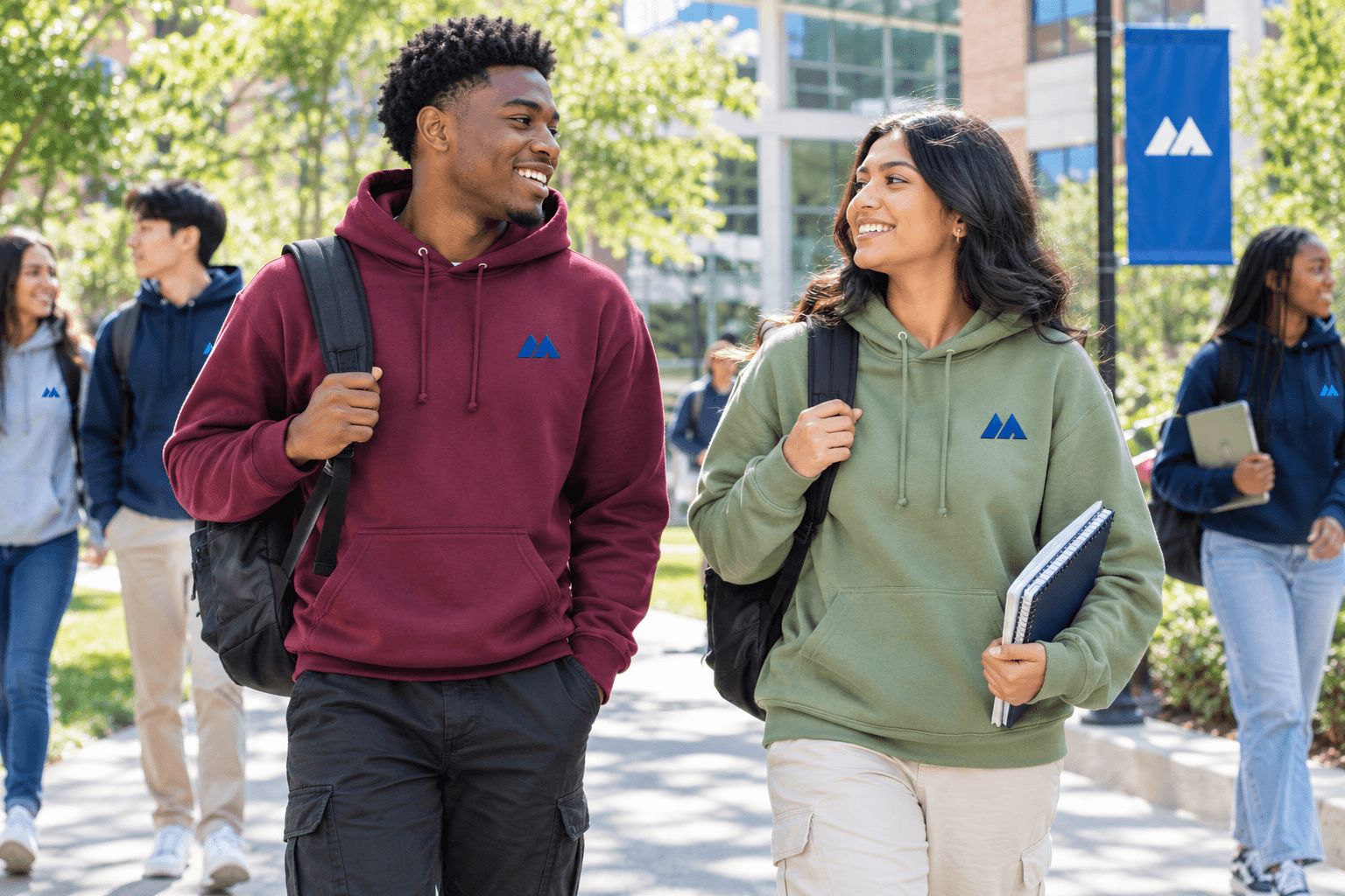 Two friends in a burgundy MAIS Apparel hoodie and a sage green MAIS Apparel hoodie walking and talking across campus
