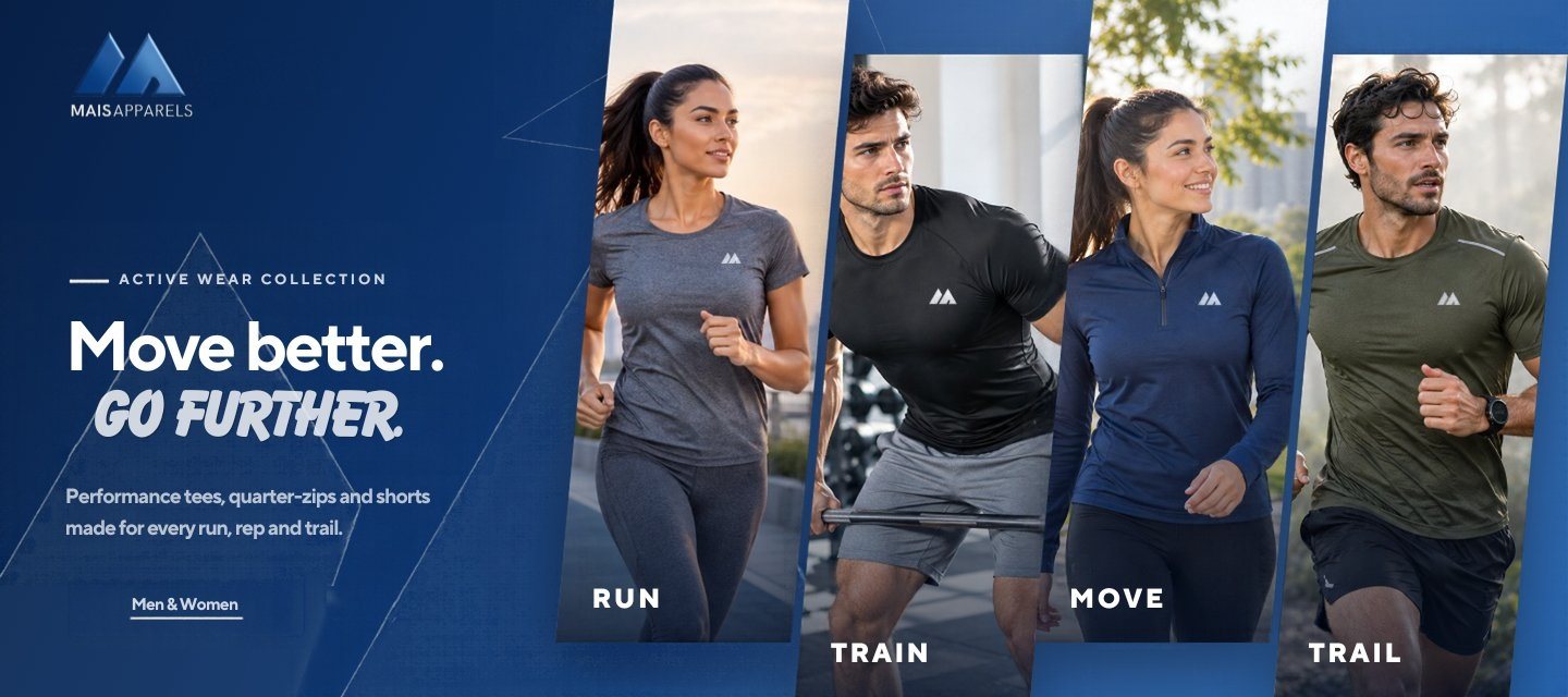 MAIS Apparel active wear collection: move better, go further. Runners and trainers in performance tees and quarter-zips