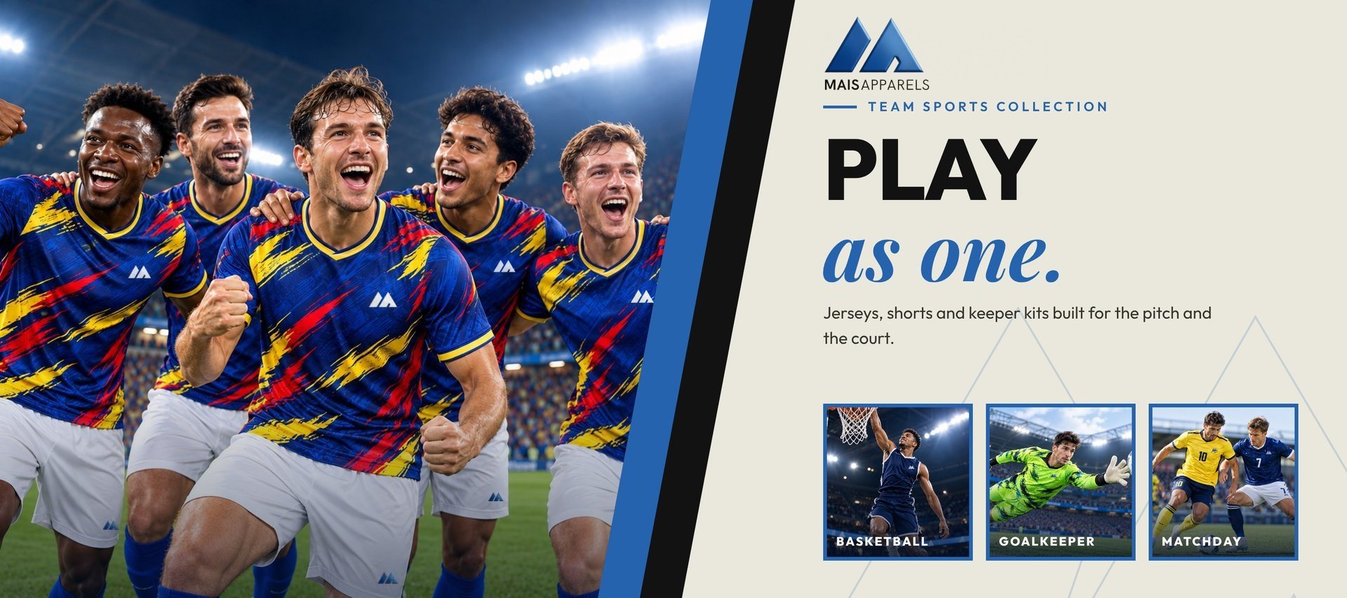 MAIS Apparel team sports collection: play as one. A football team celebrating in a stadium in matching jerseys