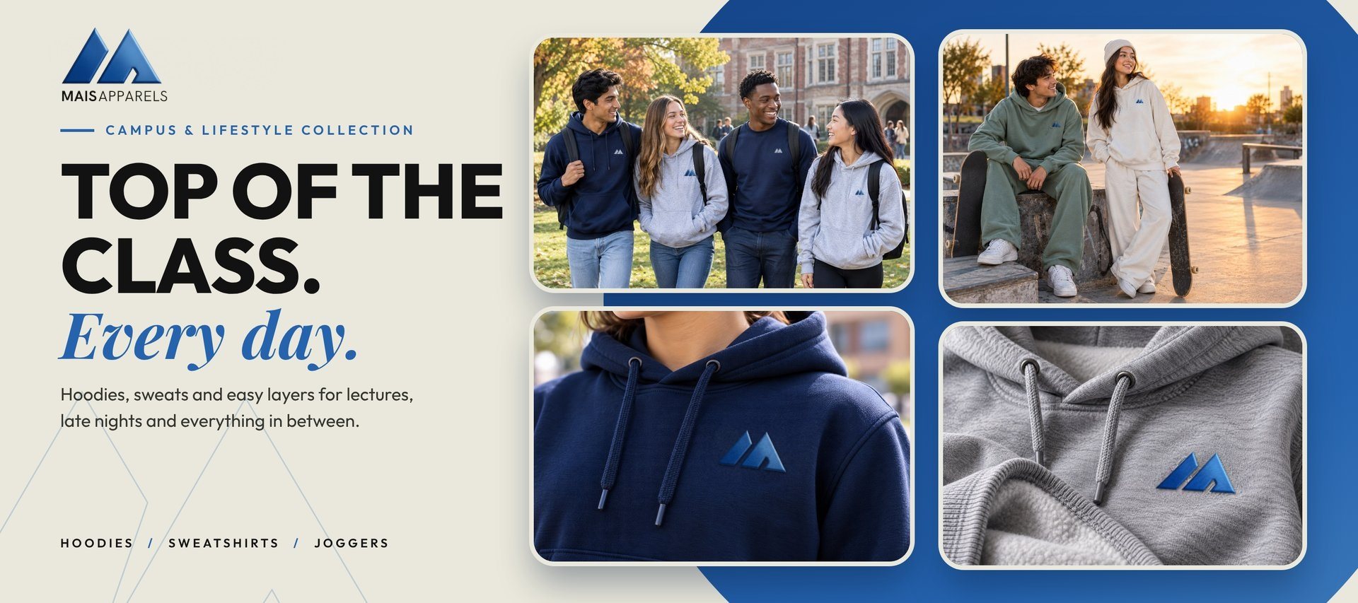 MAIS Apparel campus and lifestyle collection: top of the class, every day. Students in hoodies on campus and embroidered logo close-ups