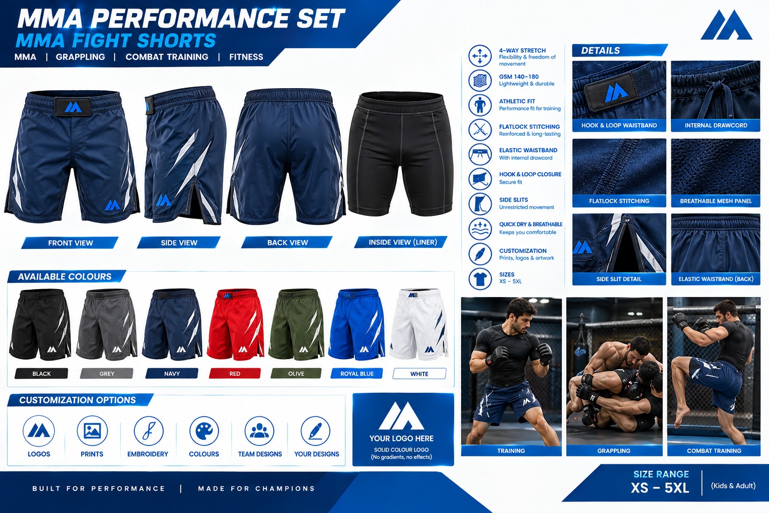 MAIS Apparel MMA fight shorts product sheet with details, colors and customization options