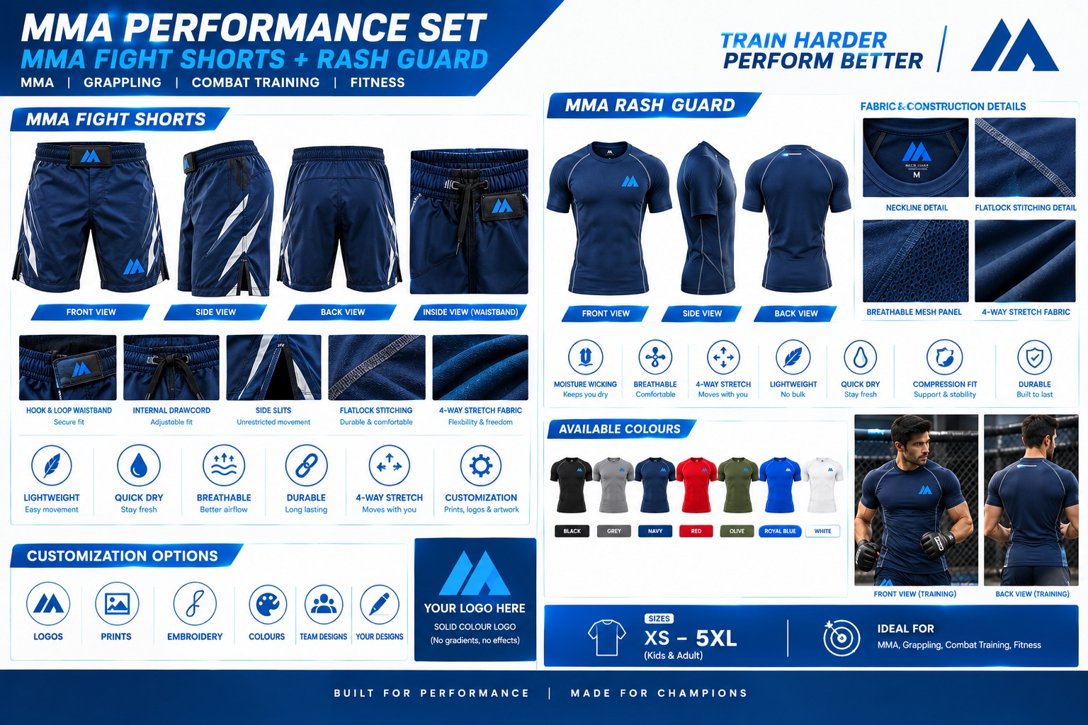 MAIS Apparel MMA performance set with fight shorts and rash guard, product sheet with details and colors