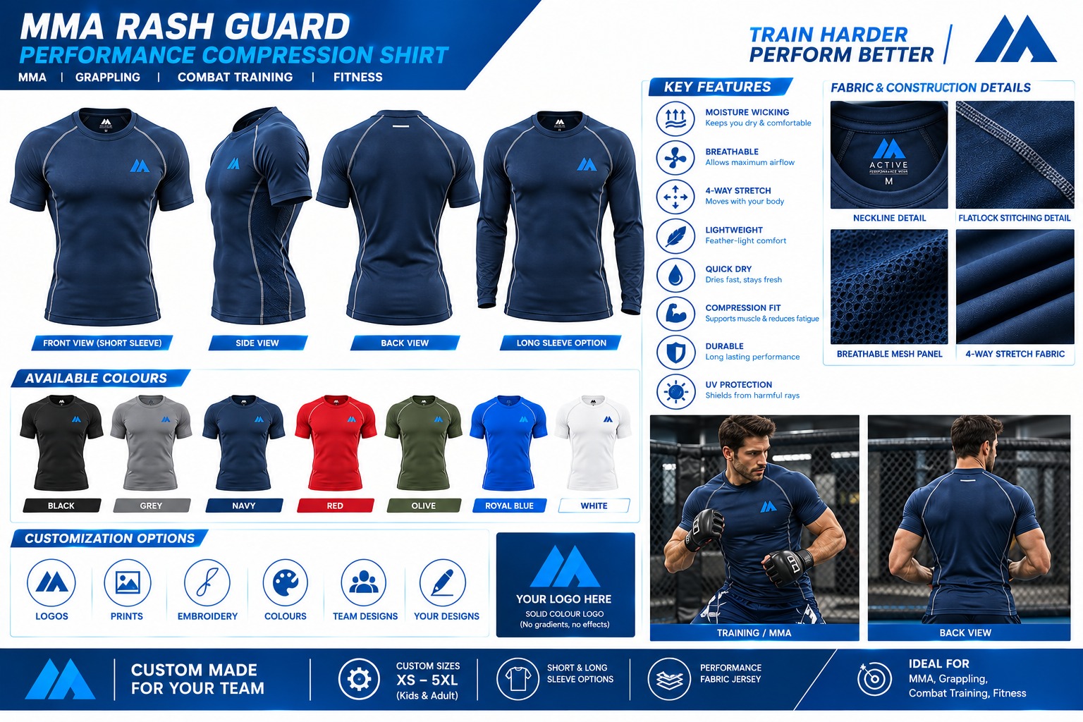 MAIS Apparel MMA rash guard performance compression shirt product sheet with colors and customization options