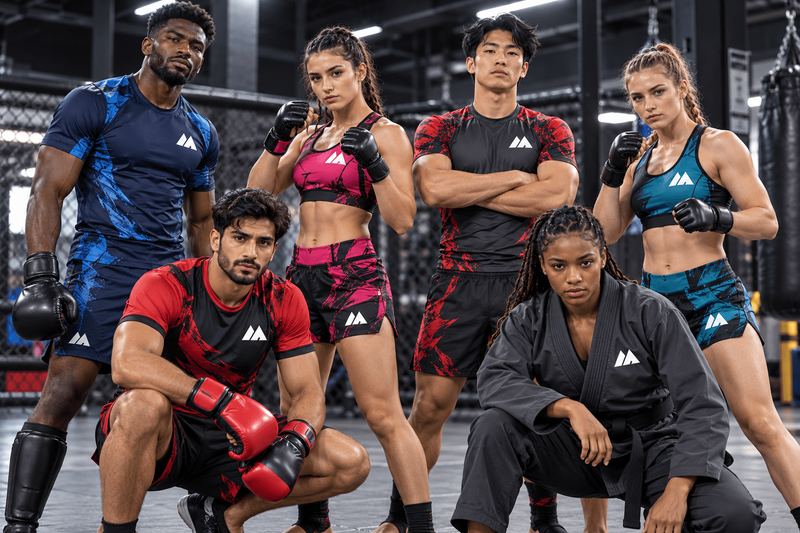 Six fighters in navy, red, pink and teal MAIS Apparel rash guards, sports bras and fight shorts with MMA gloves and a black gi, posing in a training cage