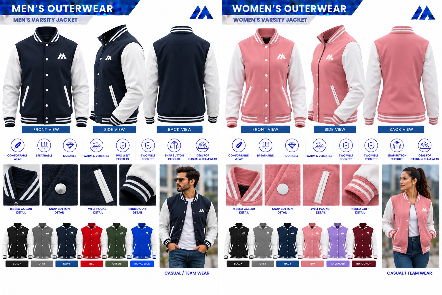 MAIS Apparel men's and women's varsity jackets product sheet with front, side and back views, details and colors