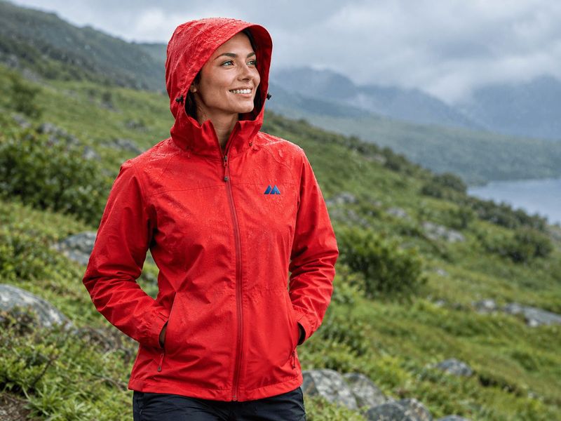 Smiling woman in a red MAIS Apparel waterproof hooded jacket on a misty green hillside beside a lake