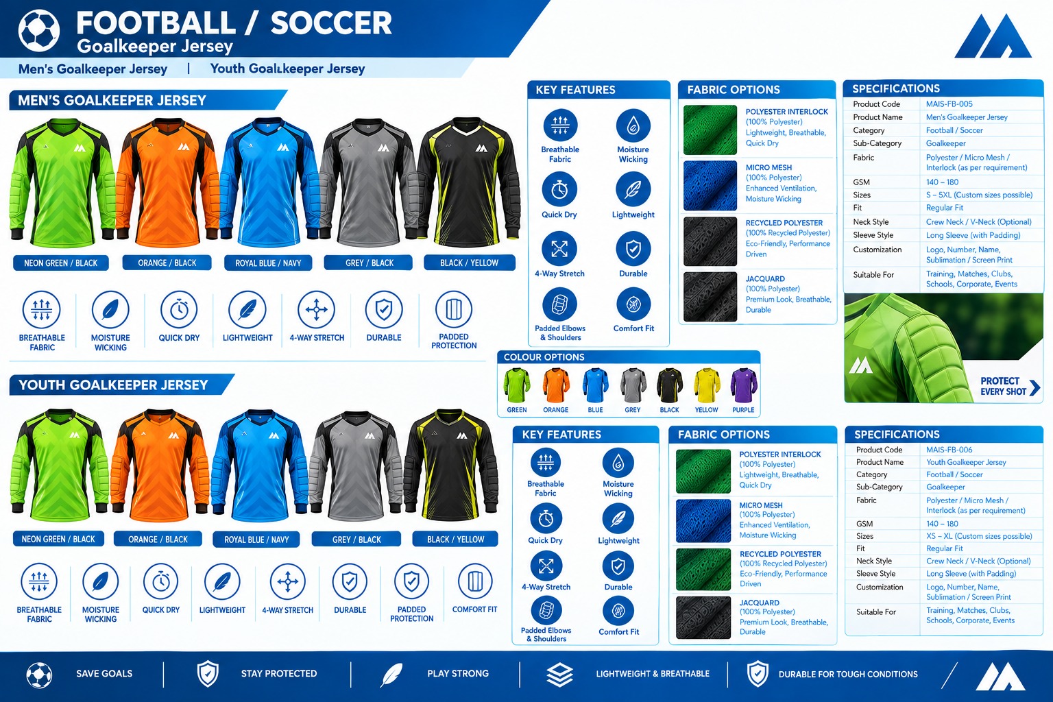 MAIS Apparel football goalkeeper jersey product sheet for men and youth with colors, fabrics and specifications