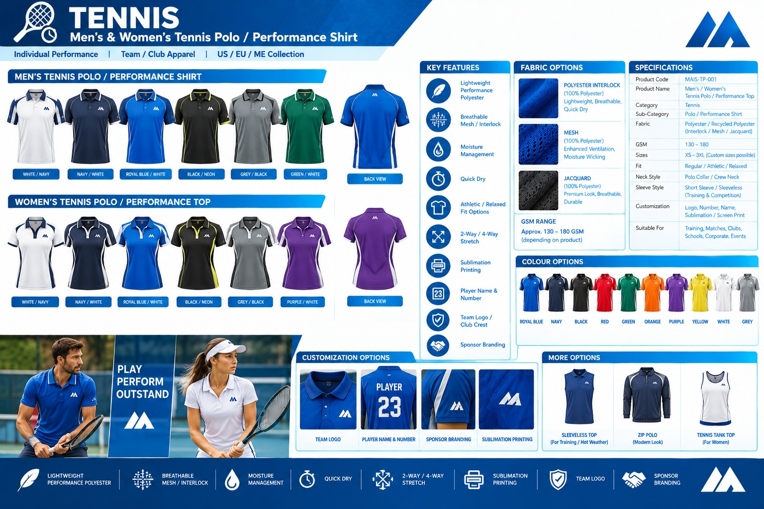 MAIS Apparel men's and women's tennis polo and performance shirt product sheet with colors and customization options