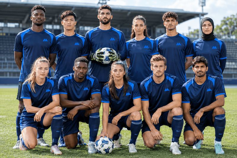 Eleven footballers in navy and blue MAIS Apparel team kits posing on the pitch with a goalkeeper holding the ball