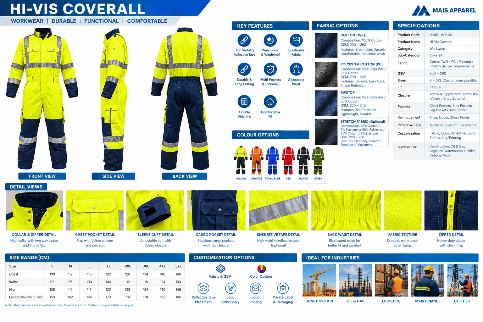 MAIS Apparel hi-vis coverall product sheet with features, fabrics, sizes and specifications