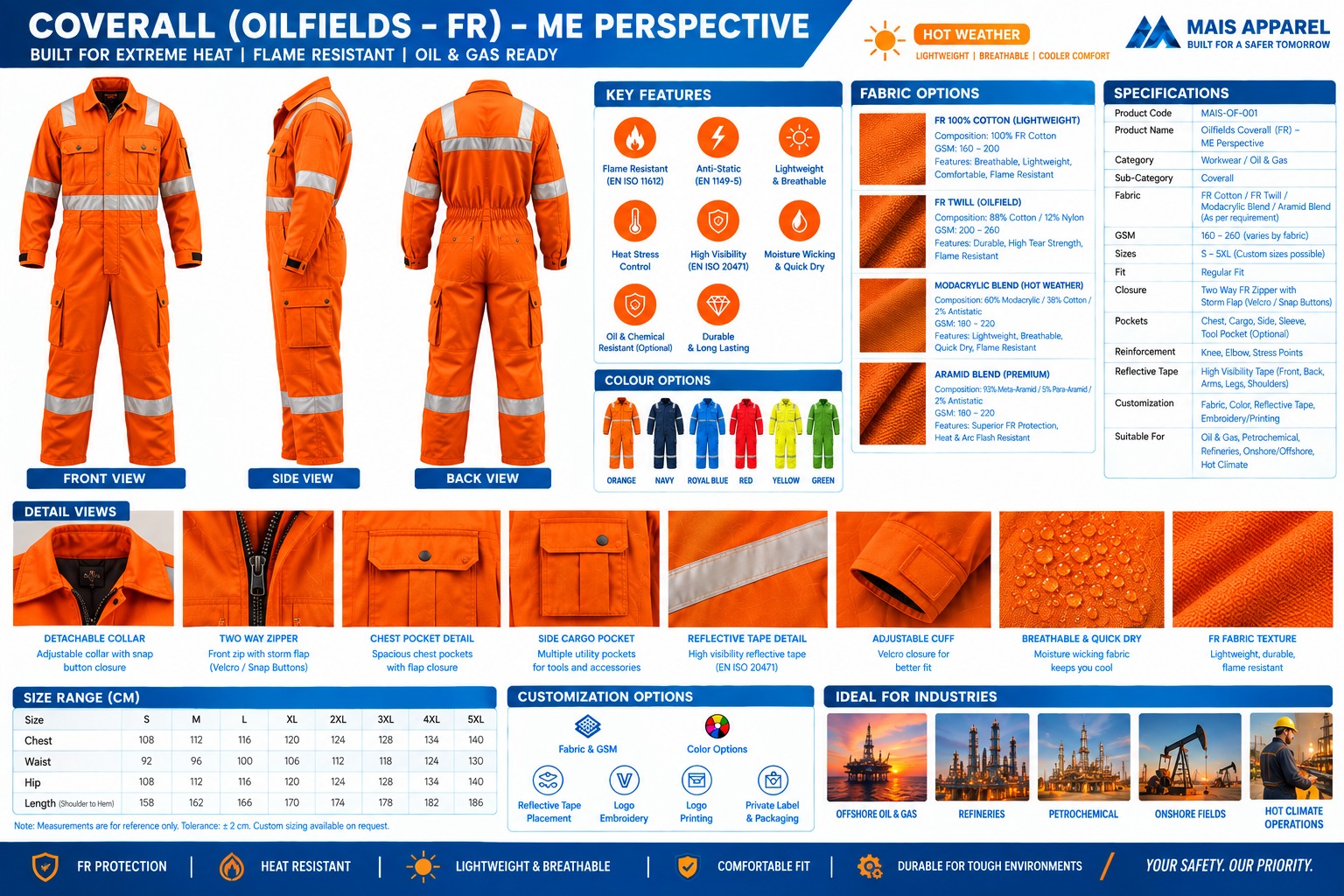 MAIS Apparel oilfields flame resistant coverall product sheet with features, fabrics, sizes and specifications
