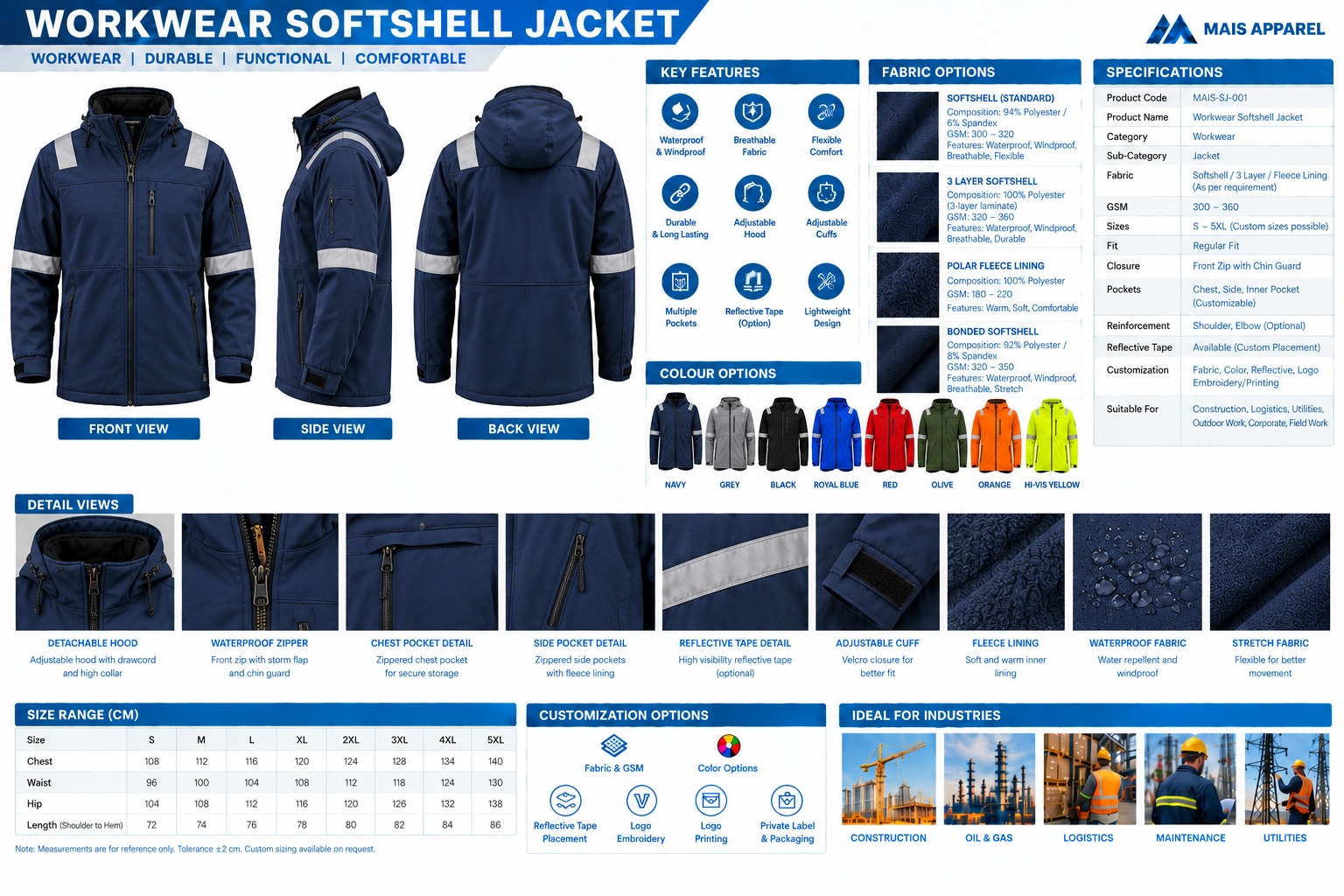 MAIS Apparel workwear softshell jacket product sheet with features, fabrics, sizes and specifications