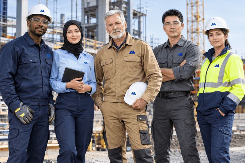 Five workers in navy, light blue, khaki, grey and hi-vis MAIS Apparel workwear with hard hats on a construction site